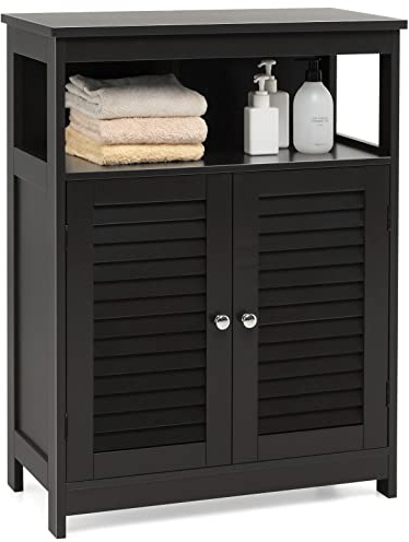 COSTWAY Bathroom Floor Cabinet, Wooden Freestanding Storage Cupboard with Double Shutter Door and Adjustable Shelf, Side Cabinet Organizer Unit for Living Room Bedroom (Middle Open Compartment, Black)