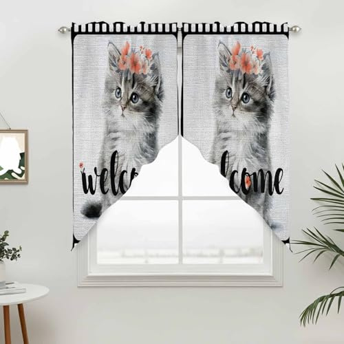 Chucoco Swag Curtain for Kitchen, Welcome Words Cute Cat Swag Valance Rod Pocket Curtains Tier Pair, Flowers Films Boundaries Light Filtering Window Valances for Bedroom Bathroom Living Room