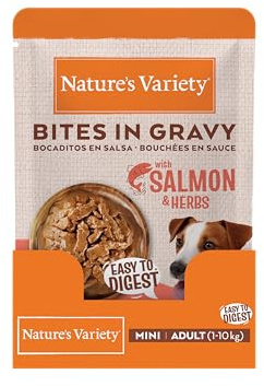 Nature's Variety Bocaditos en Salsa - Comida Húmeda para Perros Mini con Salmón y Hierbas 24 x 100g