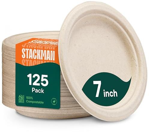 Paper Plates, 100% Compostable Heavy Duty, Disposable 7 Inch, Small Dessert Plate - [125-Pack] Eco-Friendly, Biodegradable Bagasse Natural Brown 7 Small Plates - (PFAS-Free) - (BPI Certified)