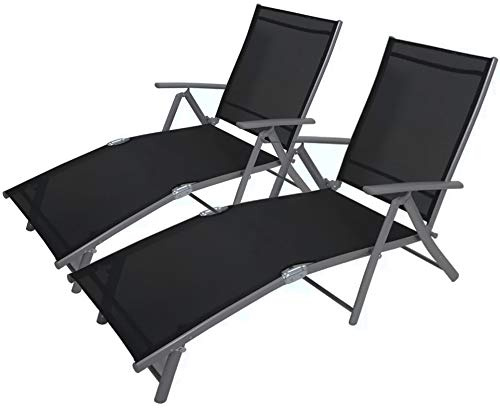 Garden Mile Reclining Sun Lounger - 7 Positions - Aluminium Frame - Powder Coat Finish - Black Sling Decking Chair - Upgrade Your Relaxation - Twin Grey - Folding Portable Deck Chair