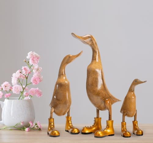 Rikmani - Holzfigur Ente Stiefel Gold 100% Natur Original - Handgefertigte Figur aus Holz 26 cm