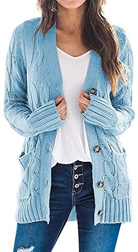 Maavoki Cardigan Maglione Donna,Casuale Manica Lunga Solido Cardigan,Elegante Sweater, Tasca Bottoni Cappotti Aperto Anteriore Blu S