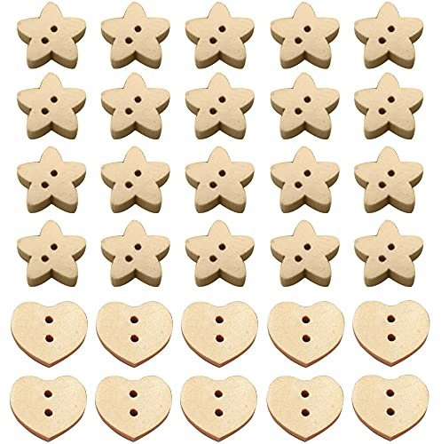 Pamtns Holzknöpfe 300 Stück Holz Stern Knöpfe Knöpfe Herzform Holz Knöpfe 2 Loch Herzförmige Holzknöpfe Knöpfe Holz Holzknöpfe Herz Form für Nähen DIY Handwerk