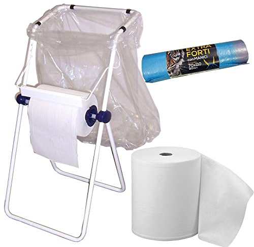 Tecnokit Golvdispenser med soppåshållare, inklusive rulle och påsar, vit pulverlackerad stålstruktur 45 x 46 x 95 cm med komplett monteringssats
