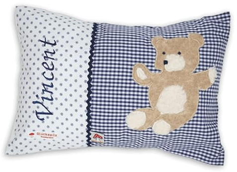Glückspilz Namenskissen personalisiert, Babykissen mit Namen Bestickt, Teddybär, Dunkelblau, 25 x 35 cm