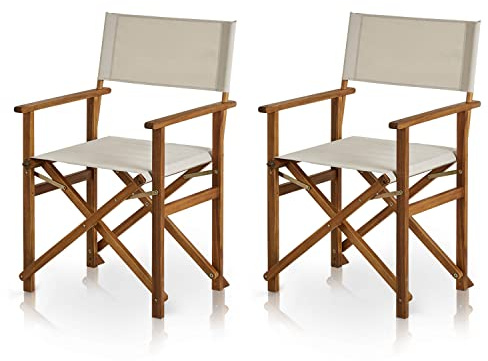 KHG Balkonstuhl 2er Set aus echtem Akazienholz geölt Regiestuhl mit Armlehnen 100% Polyesterbezug in Creme, wetterfest, platzsparend klappbar, 120kg belastbar
