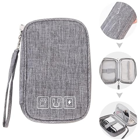Acopton Small Electronic Accessories Organizer, Handhled Universal Compact Travel Digital Accessories Storage Bag for Portable Charger, Cables, Earphone, Cord, SD Card, Phone (Gray)