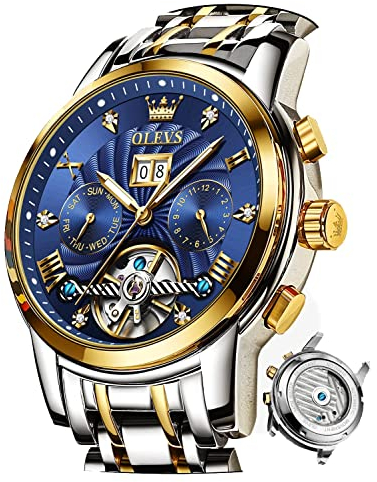 OLEVS Herren Automatikuhr Skelett 5 Zeiger Mechanisch Klassisch Luxus Multi Kalender Edelstahl Wasserdicht Armbanduhr für Herren, blau, Armband