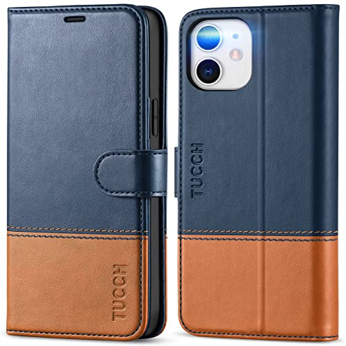 TUCCH Hülle für iPhone 12 Pro, Handyhülle, Blau-Braun | RFID Blocker, Schutzhülle, Schützt vor Stößen, Magnetverschluss, Kartenfach, TPU, Case Cover für iPhone 12