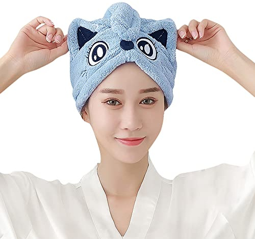 Microfiber Hair Drying Cap - Super Absorbent Towel Wrap for Women and Girls - Quick Dry Turban With Button Design - Bath Shower Head Wrap - Elastic Fast Magic Dryer Hat (Blue)