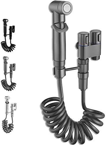 Mini-Dusche mit doppelter Steuerung Zwei Out Doppelsteuerung Wasserhahn Doppel Auslaufhahn für WC Waschbecken Steuerungs Wasserhahn Waschmaschine Duschkopfset mit Schlauch und Ständer,Grey