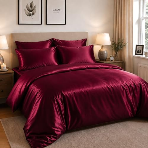 Hadi London Satin Silk 6 Piece Complete Bedding Set with Silky Deep Fitted Sheet Reversible Duvet Cover Comforter & 4 Pillowcases for Single Double King Super King Size Bed (Burgundy, Double)