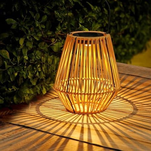 ZWOOS Farolillo Solar Exterior, Luz Solar de Ratán, Estilo Bohemio, Colgante / de Pie, Lámparas Solares para Balcón, Terraza, Jardín Decorativo (A)