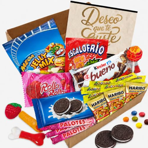Geschenkbox mit über 20 Kinder-Schokoladen, Oreo-Keksen, ShocoBons, Chupa Chups, Haribo, Palotes, Lacasitos und Mehr · Mit Personalisierter Karte