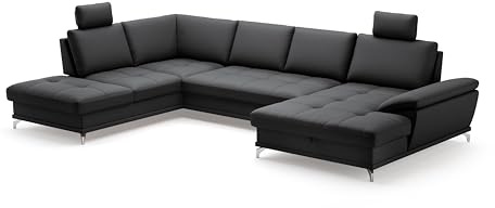 Cavadore Wohnlandschaft Castiel mit Federkern / Sofalandschaft mit großem Longchair, Bett, Bettkasten, Sitztiefenverstellung, Kopfstützen und Metallfüßen / 363 x 89-104 x 223 / Echtleder, Schwarz
