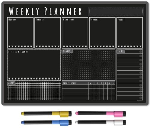TMS A3 Weekly Planner Whiteboard | Magnetic Calendar for Fridge and Dry Wipe Pens | Meal or Family Planner for Kitchen (Blackboard, A3-Weekly)