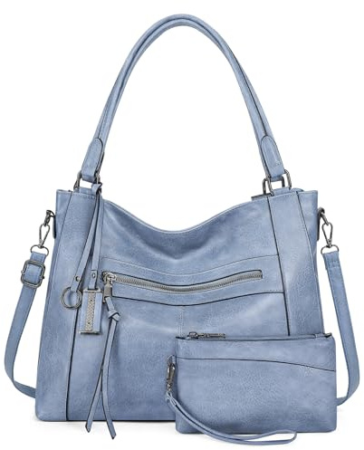BAIGIO 2-teilige Handtasche Damen Umhängetasche Mittelgroß Shopper Tasche PU Leder Crossbody Tote Bag Set Schultertasche Damentaschen Henkeltaschen Tragetasche mit Geldbörse Reißverschluss, Hellblau