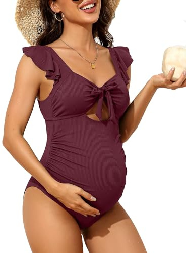 Charmo Women Ruffle Maternity One Piece Swimsuits Adjustable Shoulder Straps Pregnancy Swimwear Ruched Cutout Swimwear Red
