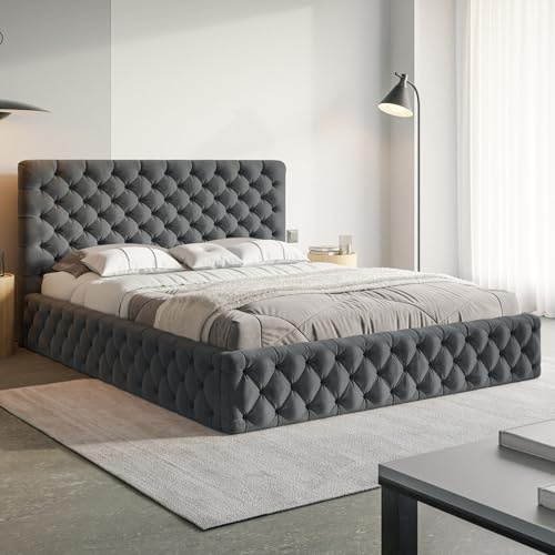 MOTIVENA Dalia Chesterfield Bett 140x200 Grau Samt, mit Stauraum, mit Kopfteil, mit Lattenrost, ohne Füße, ohne Matratze, Chesterfield Polsterbett 140x200 mit Bettkasten Grau (Anthrazit)