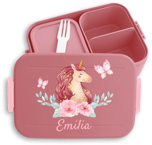 Kinder Bento Box Midi Lunchbox für Mepal Bentobox - Einhörner - Einhorn Geschenk Unicorn mit Name personalisiert I - 900 ml - Rosa - personalisierte brotboxen jausenbox mädchen schule einhörnern