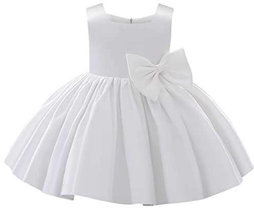 IDOPIP Bébé Fille Robe Satin sans Manches a - Chiffre Princesse Taille Papillon Mariage célébration Anniversaire fête Formelle Bal Blanc 6-12M/70
