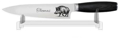 WOLFSARTIG Küchenmesser mit Gravur - Geschenke für Jäger - scharfes Kochmesser Hobbykoch - Personalisierte Jagd Geschenke für Männer - Weihnachten Geburtstag Vatertag (mit Ständer)