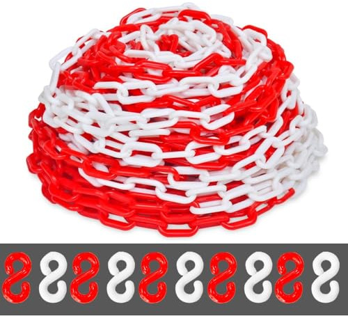 Berry 25 Meter 6MM Plastic Chain - Red & White | Plastic Chain Link Roll with 10 Connector S-Hooks | Safety Chain for Construction, Road Safety, Caution Sign, Parking Chains