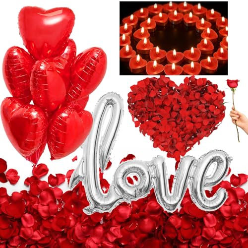 Valentinstag Romantische Deko Set, Herz Heiratsantrag überraschung Deko mit Luftballons Helium, Herz Kerzen, Rosenblätter, Rot Herzballons Romantic für Just Married Candle Light Dinner Verlobung