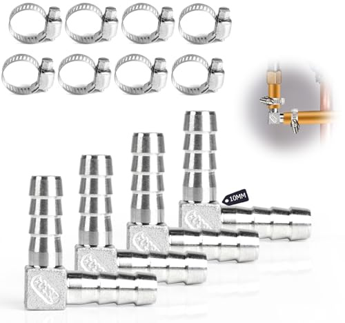 SUPAWAY 4 stycken 10 mm 2-vägs L formad SUS 304 slangskruvanslutning, 90 graders yttre gänganslutning armbåge med 8 slangklämmor, anslutningsadapter för bränsle, luft, vatten, gasolja, olja