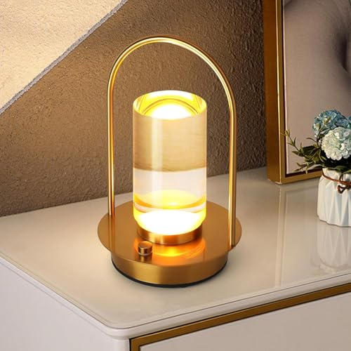 BomKra LED Dimmbare Tischlampe Kabellos, Akku Tischlampe Touch Dimmbar 3 Farbtemperatur Tischleuchte, Tragbare Kristall-Laternen Lampe für Innen und Aussen mit USB-C (Gold)