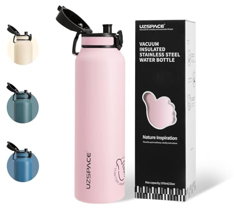 UZSPACE Gourde Isotherme 1L (970ml) en Acier Inoxydable - Bouteille Isotherme Double Paroi - Gourde Sport Adulte Étanche - Idéale pour Plein Air et Sports, Rose Fleuri