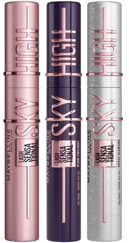 Maybelline New York Lash Sensational Sky High Mascara, Volumising & Lengthening, Washable Flake-Free Formula: Black + Plum Twilight + Space Diamond (Trio Bundle)