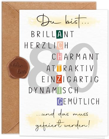 Giftota Geburtstagskarte 80 Jahre Frau Mann (A6 Klappkarte mit Umschlag & Wachssiegel), Schöne Geschenkkarte zum 80. Geburtstag mit besonderen Designs, 80. Grußkarten für Freunde, Geliebte und Eltern