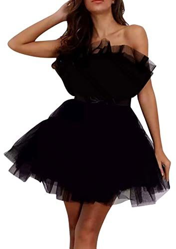 Generisch 2025 - Abito da donna in tulle corto, gonfio, da ballo di fine anno, senza spalline, in rete, abiti da fata per feste di compleanno, con rouches, cocktail party, Poofy Gown, servizi