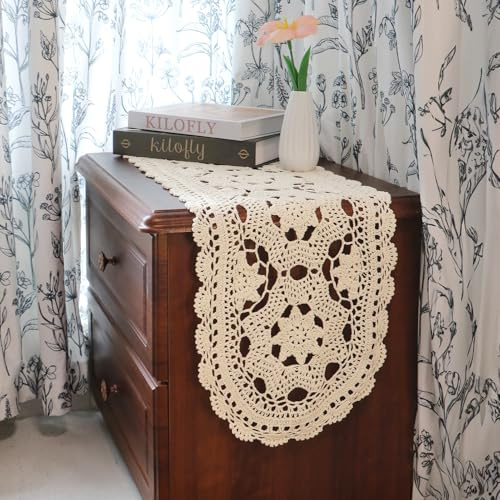 kilofly Handmade Crochet Cotton Table Runner Tablecloth, 12 x 35 inch, Beige