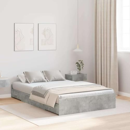 vidaXL Aufbewahrungsbettgestell Beton Grau 120 x 200 cm Holzwerkstoff, Stylischer Bettrahmen mit integriertem Schubfach, platzsparendes Design, solides Holz für Deine Ordnung im Schlafzimmer