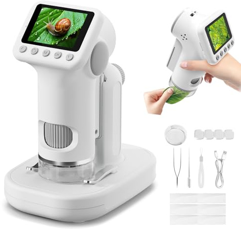 HEWEIMEI 1600X Microscope Enfant, 1080P 2,0 Écran Portable Microscope de Poche, avec Kits Scientifiques, Jouets Sciences Éducatives, Cadeaux de Noël pour Enfants Élèves de 3 à 12 Ans (Blanc)