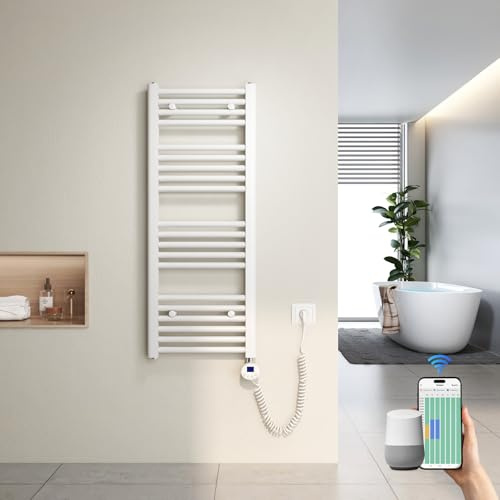 Heilmetz Sèche-Serviettes Électrique Intelligent 100x40cm avec WiFi, Thermostat Connecté et App, Radiateur Salle de Bain Blanc 300W, Contrôle par Tuya/Assistants Vocaux, 4 Modes