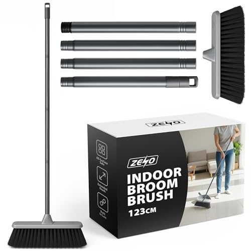 ZENO Soft Indoor Broom 123CM | Perfect for Laminate, Vinyl or Wooden Floor, with Multi-section Handle and Flagged Bristle | Grey