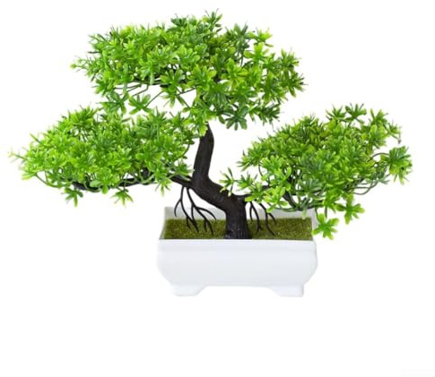 Planta artificial en maceta de pino, bonsái sintético para decoración del hogar, pequeña planta en maceta de plástico con arreglo floral colorido falso, planta de interior de bajo mantenimiento (verde