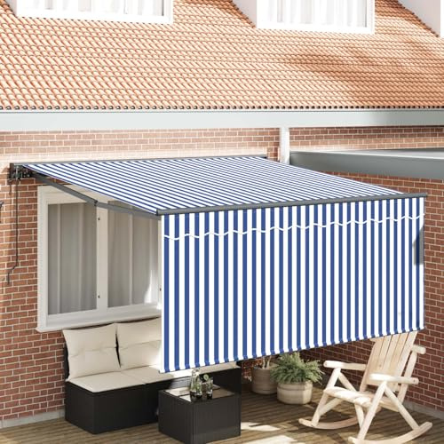 Moderno tendone estensibile per terrazzo, blu e bianco, 350 x 250 cm, con telecomando, in poliestere e alluminio, offre un'ombra regolabile per terrazze e giardini.