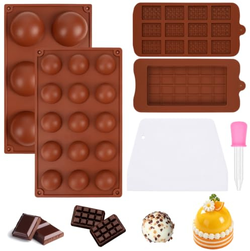 6 Stück Silikonform Kugel Set, 2 Halbkugel Silikonform mit 6 und 15 Hohlräumen, 2 SilikonformPralinen, 1 Pipette, 1 Spatel, Schokoladenform Silikon für Schokoladenkugel, Gelee, Pudding, Kuppelmousse