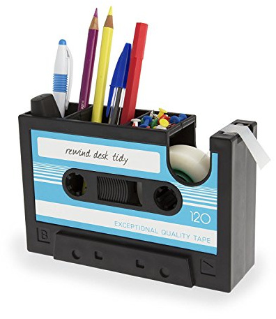 Petite Fortune Créatif Pot à Crayons Forme Cassette Rétro Dérouleur Dévidoir de Scotch Organiseur Bureau Mulit-Fonctionnel Boîte de Stylos Pot à Pinceaux de Maquillage, offrir 1 Rouleau de Scotch