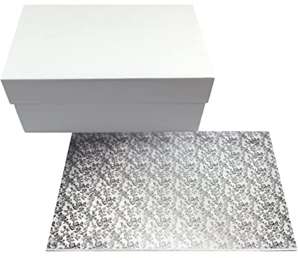 Miss Bakery's House® Cake Box e pannello MDF - set - scatola da trasporto 40x30x15 cm - bianco - con base per torta rotonda stabile in fibra di legno - 30x40 cm - rivestita in argento