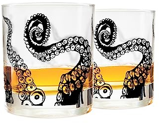 Greenline Goods Whiskey Glasses - 10 Oz Tumbler Gift Set Kraken Whiskey Glasses (Set of 2) | Rocks Glass Octopus Decor | Old Fashioned Rocks Glasses