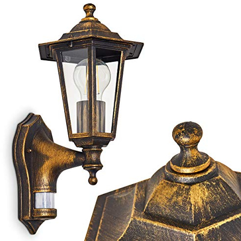 HOFSTEIN Außenwandleuchte Loria, Außenwandlampe mit Bewegungsmelder aus Metall/Glas in Braun-Gold/Klar, Wandleuchte im Retro/Vintage/Landhaus-Stil, E27, IP44, Eingangsbereich, Terrasse, Haustür, Hof