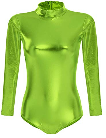 FYMNSI Damen Glänzende Ballettanzug Ballettbody Sport Tanz Body Gymnastikanzug Trikot Langarm Bodysuit Metallic Wetlook Einteiler Turnanzug Leotards Overall Lack Leder Oberteile Top Kostüm Hellgrün M