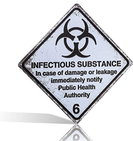Warnschild mit englischer Aufschrift „Warning Infectious Waste Council“ (evtl. nicht in deutscher Sprache)