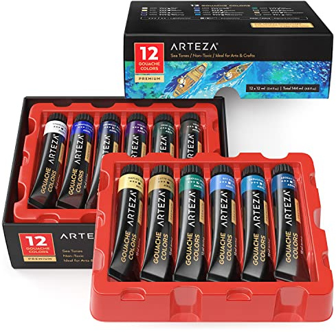 ARTEZA set colori a guazzo, 12 colore a tempera, tonalità mare, tubi da 12 ml, vernice opaca a base d'acqua per tela e carta, kit tempere per dipingere per professionisti, studenti e bambini
